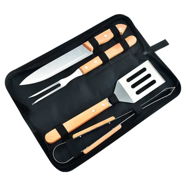 Set Parrillero 4 Piezas con Mango de Bambú