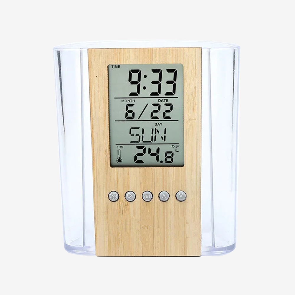 Reloj Porta Lapiceros Cristal Bambú