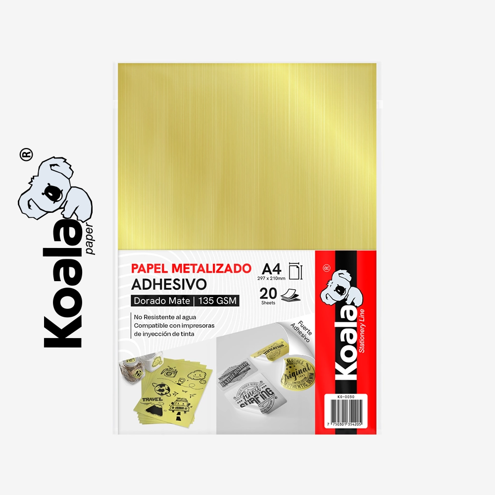 Papel Fotográfico Metalizado Dorado Adhesivo Mate 135 GSM A4 - 20 Hojas