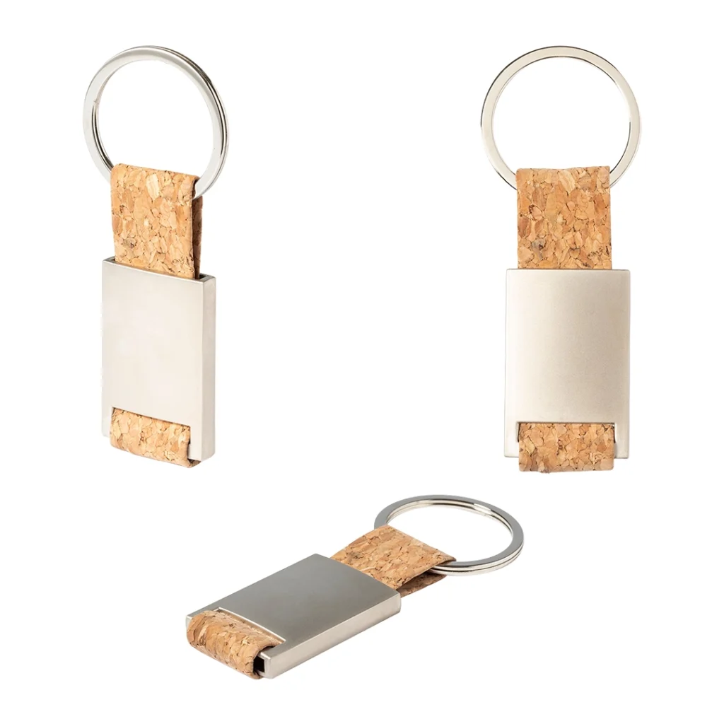 Llavero Metalico Rectangular con Inserto de Corcho Natural